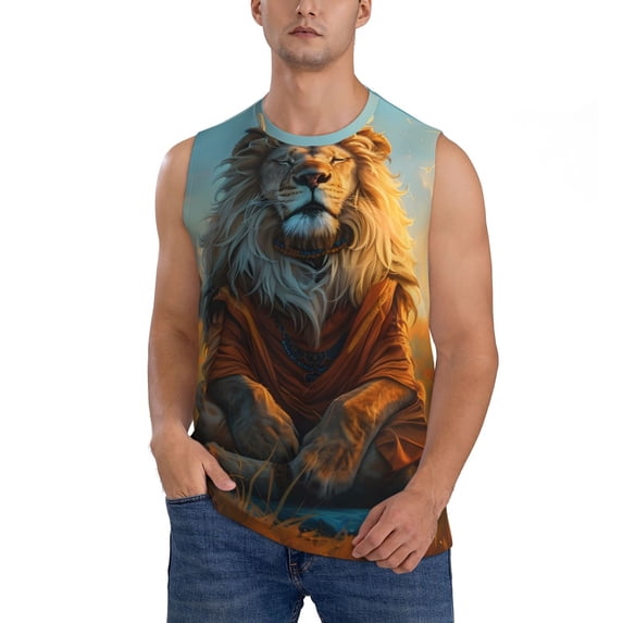 Pofeuu Prairie Meditating Lion Print Men's Muscle T-Shirt, Sleeveless, Muscle Tank, Classic Muscle Tee Top For Men Casual Sleeveless Muscle T-Shirt Trendy Clothes-Large
