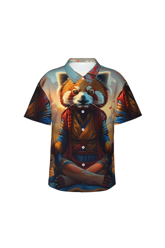 Prairie Meditating Raccoon Print Hawaiian Shirt for Men Sleeves Casual Button Down Summer Beach Dress Shirts T-Shirts,Small