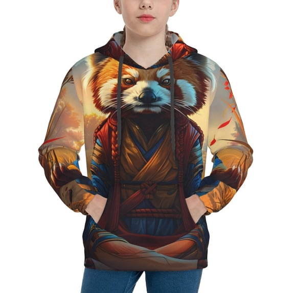 Pofeuu Prairie Meditating Raccoon Print Kids Pullover Hoodies Warm Thick Hooded Sweatshirt with Packet for Boys Girls-X-Large