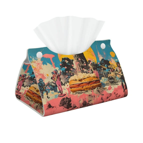 Pofeuu Psychedelic Band Hotdog Art Print Tissue Box Cover, Modern Decorative PU Leather Rectangular Tissue Box Case Organizer Holder for Vanity Countertop, Night Stands, Livingroom