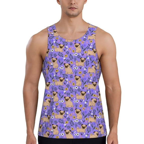 Pofeuu Pugs and Flowers Print Men's Workout Tank Tops Sleeveless Muscle Gym Shirt Quick Dry-3X-Large