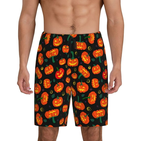 Pofeuu Pumpkin Fallen Leaves Print Men's Soft Woven Elastic Waistband Sleep Pajama Short-X-Large