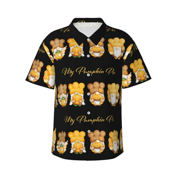 Pofeuu Pumpkin Pie Gnome Print Hawaiian Shirt for Men Sleeves Casual Button Down Summer Beach Dress Shirts T-Shirts,XX-Large