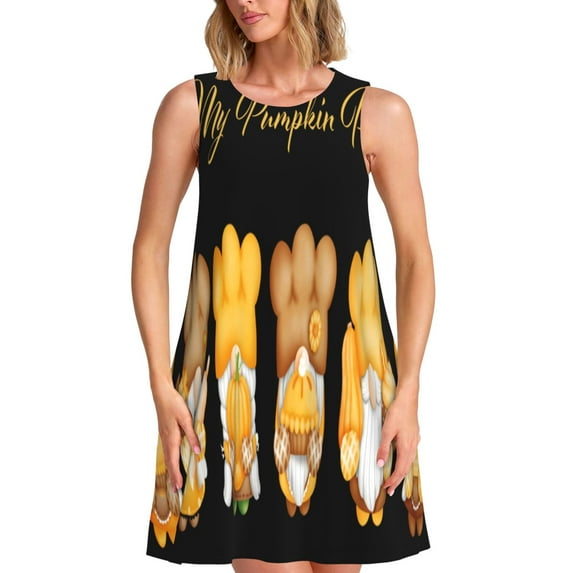 Pofeuu Pumpkin Pie Gnome Print Women's Sleeveless Dress, Loose Fit Summer Dress, Casual Tank Dress for Women