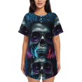 thumbnail image 1 of Pofeuu Punk Style Blue Haired Skull Print Women's Pajama Set Short/Shorts Soft Button PJs Elastic Drawstring Waist Sleepwear-3X-Large, 1 of 6