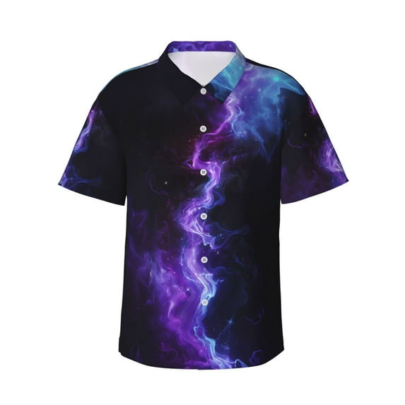 Pofeuu Purple And Blue Nebula Print Hawaiian Shirt for Men Sleeves Casual Button Down Summer Beach Dress Shirts T-Shirts,Small