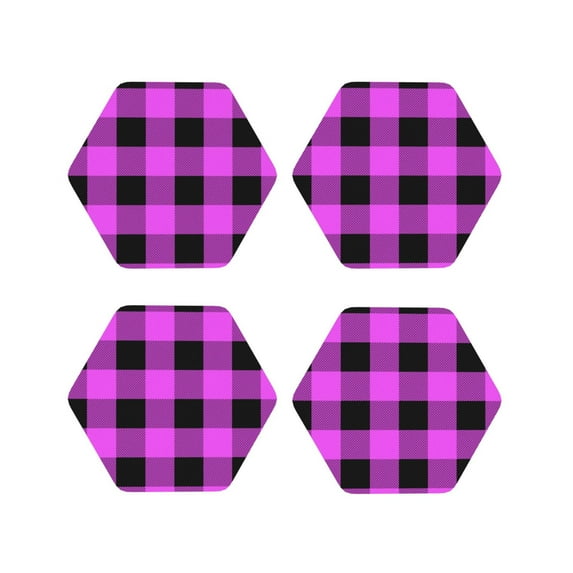 Pofeuu Purple Black Buffalo Plaid Print Coasters for Drinks, 4Pack PU Leather Coasters, Bar Drink Coasters for Tabletop Protection, Furniture from Damage-Hexagon