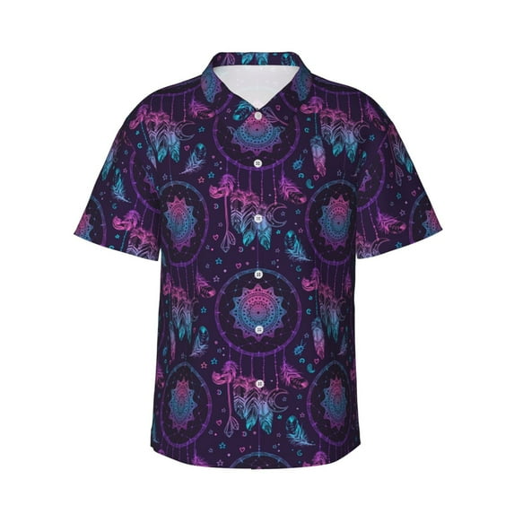 Pofeuu Purple Dreamcatcher1 Print Hawaiian Shirt for Men Sleeves Casual Button Down Summer Beach Dress Shirts T-Shirts,X-Large