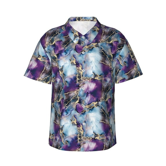Pofeuu Purple Marble Texture Print Hawaiian Shirt for Men Sleeves Casual Button Down Summer Beach Dress Shirts T-Shirts,X-Large