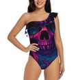 thumbnail image 1 of Pofeuu Purple-Red Skull Print Women's One Piece Swimsuits One Shoulder Swimwear Asymmetric Ruffle Monokinis Bathing Suits-Small, 1 of 6