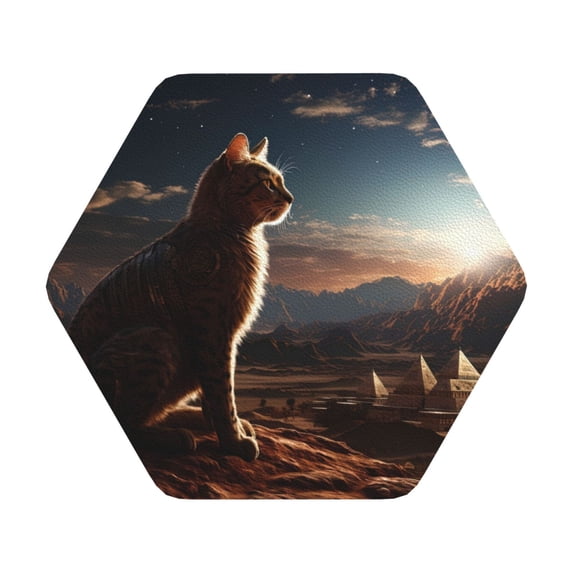 Pofeuu Pyramid Desert Cat Print Leather Coasters Set of 6, Round Cups Mugs Mat Pad for Home Kitchen Heat Resistant Drink Coasters,Hexagon