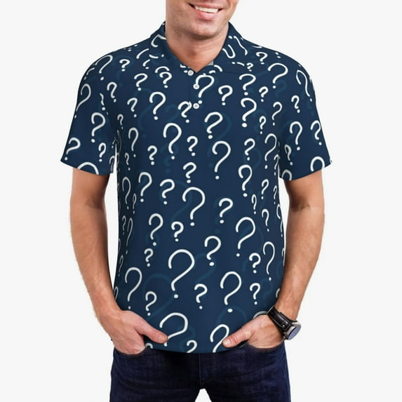 Pofeuu Question Marks Print Men's Loose Fit Midweight Short-Sleeve Pocket Polo-Large