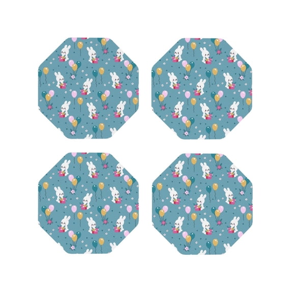 Pofeuu Rabbit And Balloon Print Coasters for Drinks, 4Pack PU Leather Coasters, Bar Drink Coasters for Tabletop Protection, Furniture from Damage-Octagon