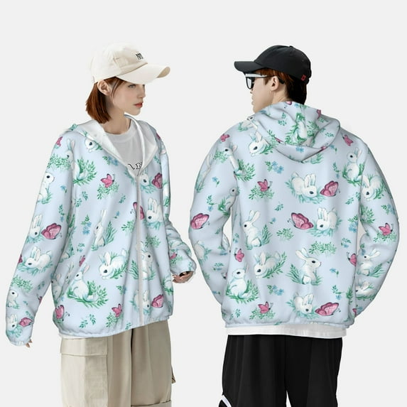 Pofeuu Rabbit And Butterfly Print Sun Protection Outdoor Lightweight Full Zip UV Cooling Hoodie Long Sleeve Summer Clothing for Outdoor Hiking-Small