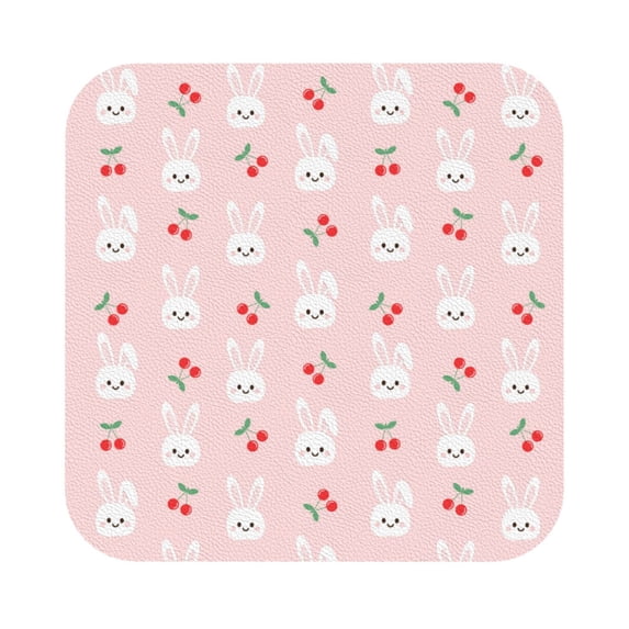 Pofeuu Rabbit And Cherry Print Leather Coasters Set of 6, Round Cups Mugs Mat Pad for Home Kitchen Heat Resistant Drink Coasters,Square