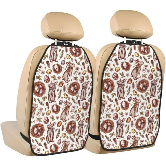 Pofeuu Rabbit And Egg Print 2 Pack PU Leather Kick Mat Back Seat Protector, Universal Car Seat Back Organizer, Waterproof Backseat Protector For Most Car