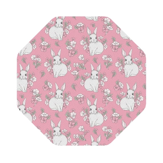 Pofeuu Rabbit And Flower Print Leather Coasters Set of 6, Round Cups Mugs Mat Pad for Home Kitchen Heat Resistant Drink Coasters,Octagon