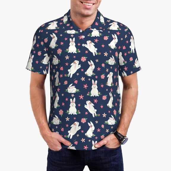 Pofeuu Rabbit And Flower Print Men's Loose Fit Midweight Short-Sleeve Pocket Polo-3X-Large