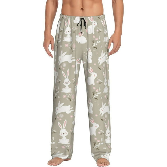 Pofeuu Rabbit And Flower Print Men's Pajama Pants, Soft Lounge Pajama Pants with big pockets for Men Plaid Pj Bottoms-Medium