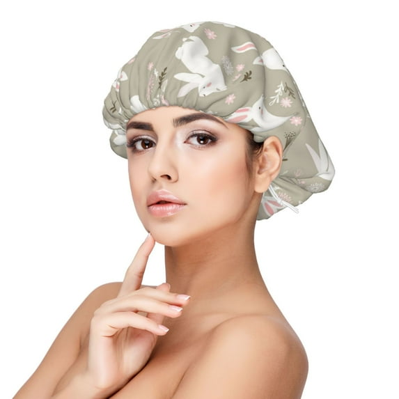 Pofeuu Rabbit And Flower Print Silk Bonnet for Sleeping, Satin Hair Bonnets, Soft Elastic Band Silk Sleep Cap, Hair Wrap