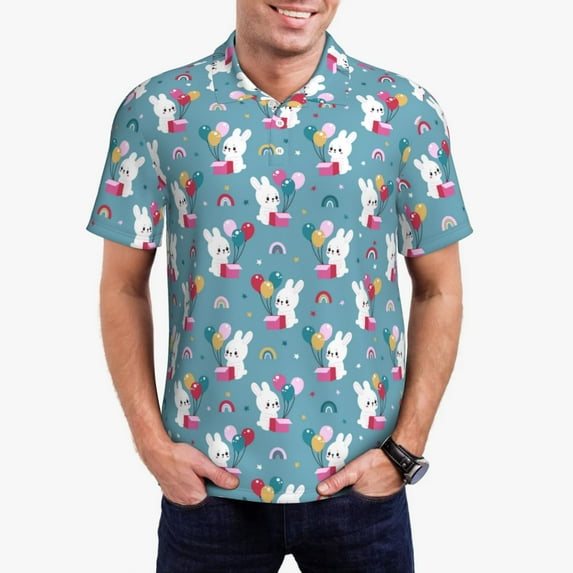 Pofeuu Rabbit And Rainbow Print Men's Loose Fit Midweight Short-Sleeve Pocket Polo-Medium