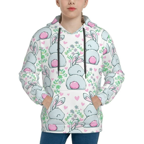 Pofeuu Rabbit Back View Print Kids Pullover Hoodies Warm Thick Hooded Sweatshirt with Packet for Boys Girls-X-Large