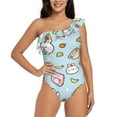 thumbnail image 1 of Pofeuu Rabbit Burger Coffee Print Women's One Piece Swimsuits One Shoulder Swimwear Asymmetric Ruffle Monokinis Bathing Suits-Large, 1 of 6
