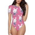 thumbnail image 1 of Pofeuu Rabbit Holding Flowers Print Short Sleeve Body Suits Women Round Neck Bodysuits for Women Onesie Adult Set Body Suit-Small, 1 of 7