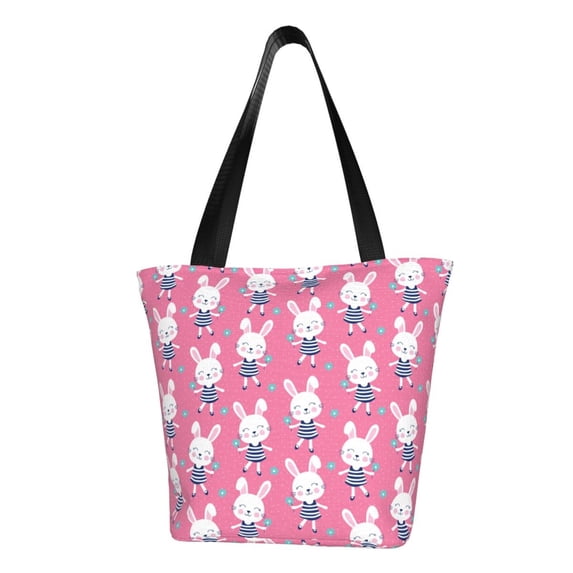 Pofeuu Rabbit Holding Flowers Print Women Fashion Shoulder Handbags Top Handle Satchel Bags Tote Shoulder Shopping Bag Stylish Canvas Tote Bag