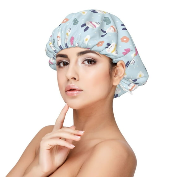 Pofeuu Rabbit In The Rain Print Silk Bonnet for Sleeping, Satin Hair Bonnets, Soft Elastic Band Silk Sleep Cap, Hair Wrap
