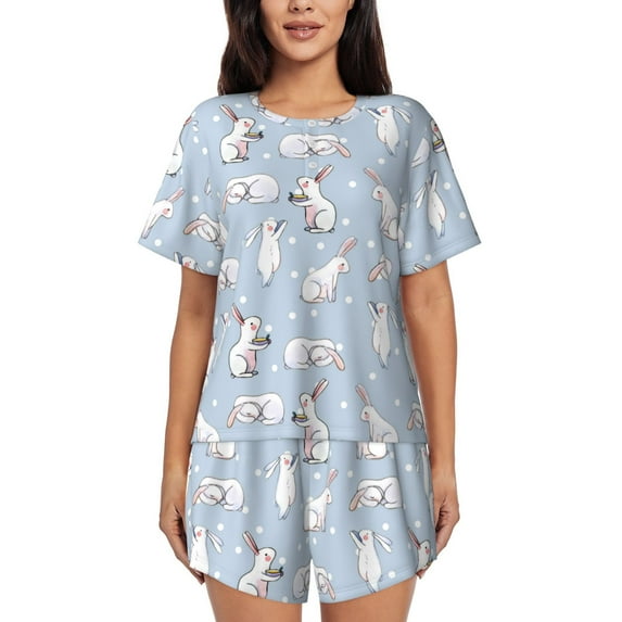 Pofeuu Rabbit Is Eating Carrots Print Women's Pajama Set Short/Shorts Soft Button PJs Elastic Drawstring Waist Sleepwear-Medium