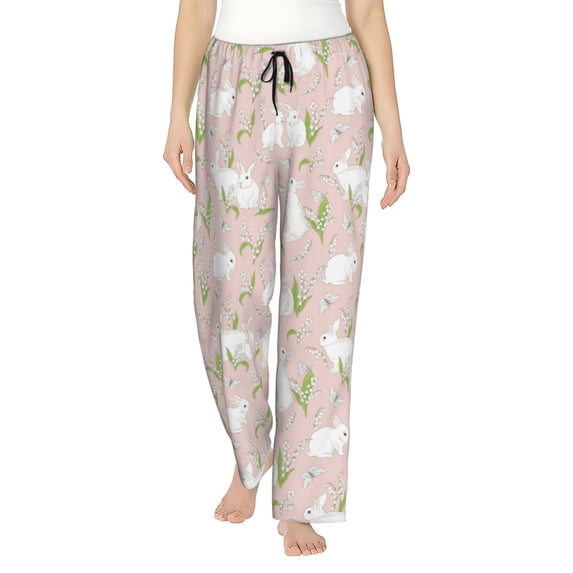 Pofeuu Rabbit Print Women's Fashion Pajama Pants with Pockets Comfy Drawstring Sleep Lounge Bottoms-Medium