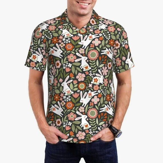 Pofeuu Rabbits on Floral Print Men's Loose Fit Midweight Short-Sleeve Pocket Polo-3X-Large