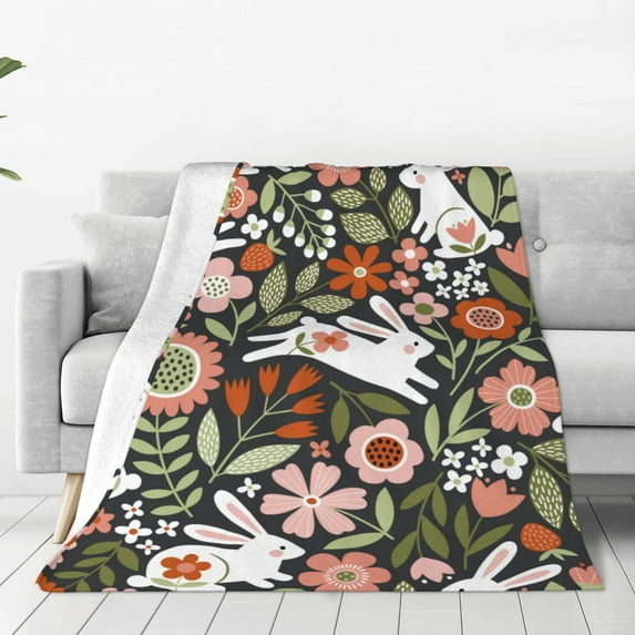 Pofeuu Rabbits on Floral Print Ultra-Soft Micro Fleece Blanket,for Bed Or Sofa,All Season Throw Blankets Flannel Blanket-60"x50"