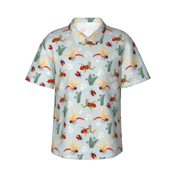 Pofeuu Ragonfly And Ladybug Print Hawaiian Shirt for Men Sleeves Casual Button Down Summer Beach Dress Shirts T-Shirts,3X-Large