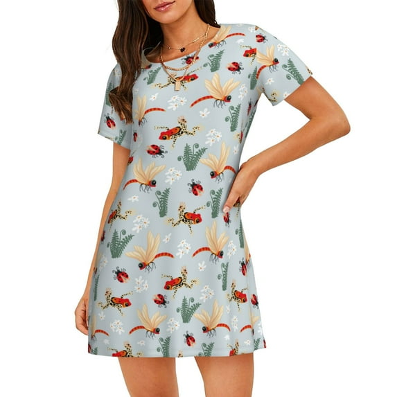Pofeuu Ragonfly And Ladybug Print Women's Loose Fit Short Sleeve Nightgown, Comfortable Sleep Dress for Women, Casual Lounge Sleepwear, Soft Cotton Sleep Dress