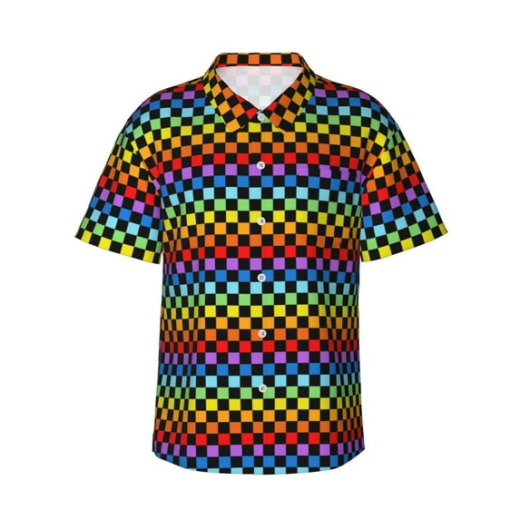 Pofeuu Rainbow Chequerboard Print Hawaiian Shirt for Men Sleeves Casual Button Down Summer Beach Dress Shirts T-Shirts,Large