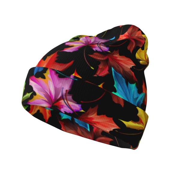 Pofeuu Rainbow Colorful Maple Leaves Print Beanie Hat for Men Women Knit Winter Hat Warm Cuffed Skull Beanie Slouchy Soft Unisex