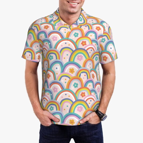 Pofeuu Rainbow Flowers Print Men's Loose Fit Midweight Short-Sleeve Pocket Polo-3X-Large