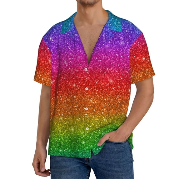 Pofeuu Rainbow Glitter Print Mens Casual Short Sleeve Shirts Beach Summer Spread Collar Pocket Tops Men's Casual Short-sleeved Shirt-Large