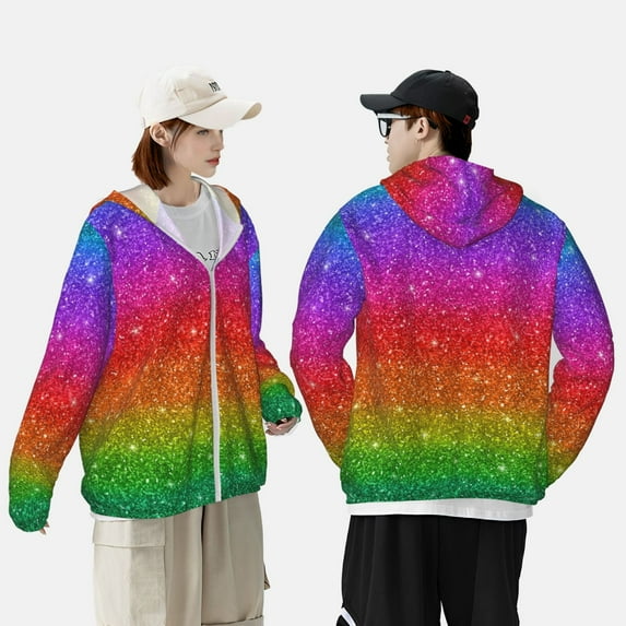 Pofeuu Rainbow Glitter Print Sun Protection Outdoor Lightweight Full Zip UV Cooling Hoodie Long Sleeve Summer Clothing for Outdoor Hiking-3X-Large
