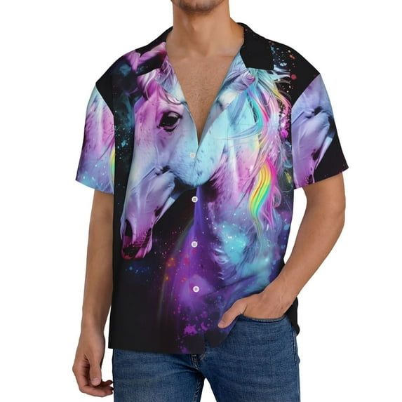 Pofeuu Rainbow Spotted White Horse Print Mens Casual Short Sleeve Shirts Beach Summer Spread Collar Pocket Tops Men's Casual Short-sleeved Shirt-4X-Large