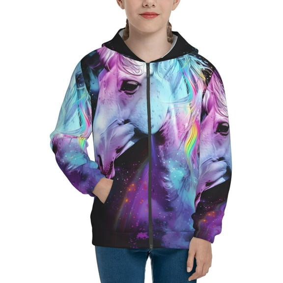Pofeuu Rainbow Spotted White Horse Print Teenage Zipper Hoodie Sweatshirts Hooded Casual Jackets With Pocket For Boys Girls-Medium