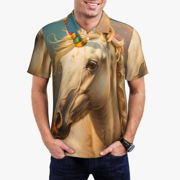 Pofeuu Rainbow White Horse Print Men's Loose Fit Midweight Short-Sleeve Pocket Polo-XX-Large