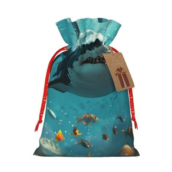 Pofeuu Realistic Ocean Shark Print Burlap Bags with Drawstrings Drawstring Gift Bags Pouch Bag for Thankgiving Birthday Party Gift Wrapping Treats and Party Favors-Medium