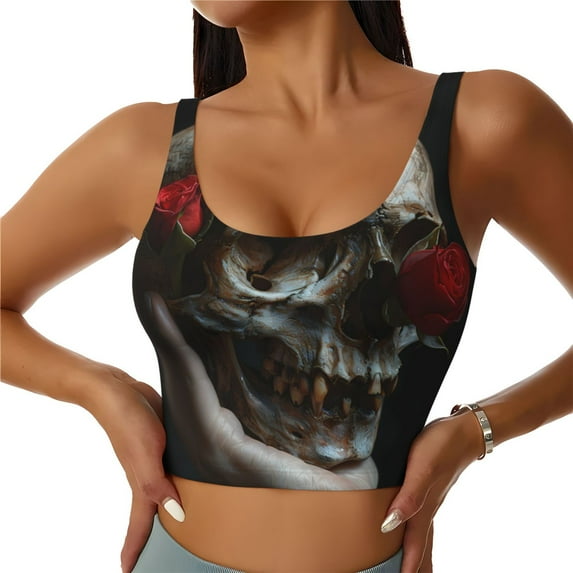 Pofeuu Realistic Rose Skull Print Sports Bra for Women Sexy Vest Yoga Running Gym Fitness Crop Bras Tops-X-Large