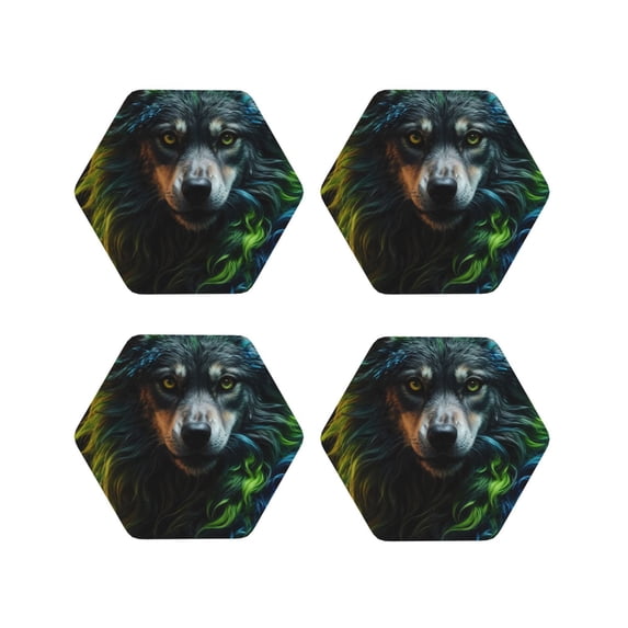 Pofeuu Realistic Style Colorful Wolf A Print Coasters for Drinks, 4Pack PU Leather Coasters, Bar Drink Coasters for Tabletop Protection, Furniture from Damage-Hexagon