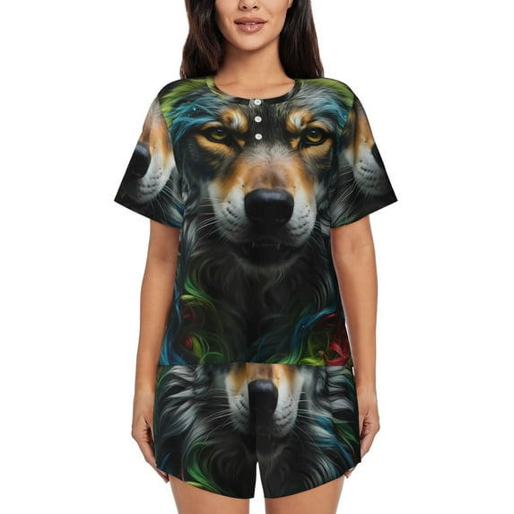 Pofeuu Realistic Style Colorful Wolf Print Women's Pajama Set Short/Shorts Soft Button PJs Elastic Drawstring Waist Sleepwear-Medium