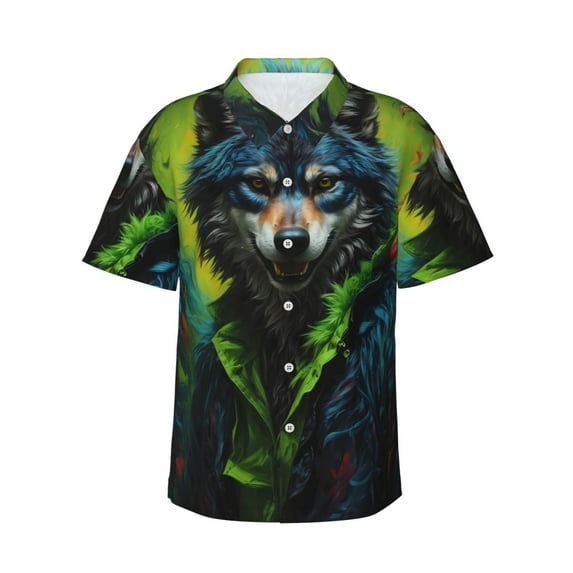 Pofeuu Realistic Style Wolf Warrior Print Hawaiian Shirt for Men Sleeves Casual Button Down Summer Beach Dress Shirts T-Shirts,XX-Large