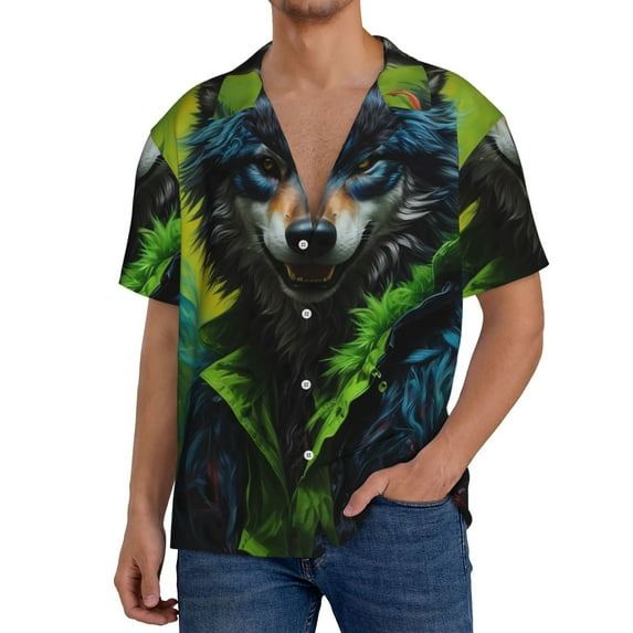 Pofeuu Realistic Style Wolf Warrior Print Mens Casual Short Sleeve Shirts Beach Summer Spread Collar Pocket Tops Men's Casual Short-sleeved Shirt-Large